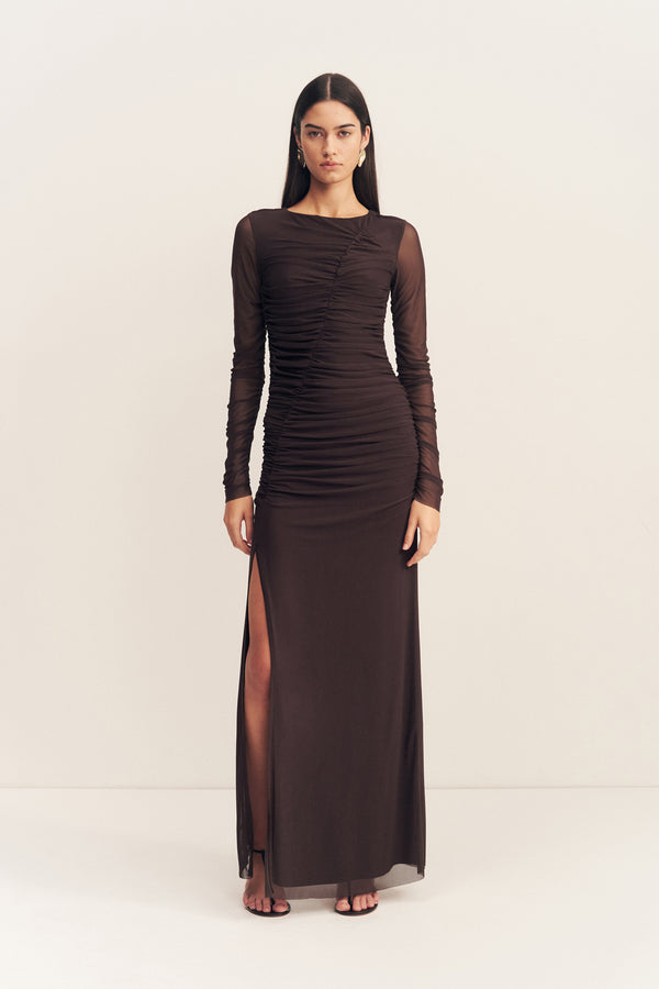 MIRA GATHERED MAXI DRESS - GANACHE_F