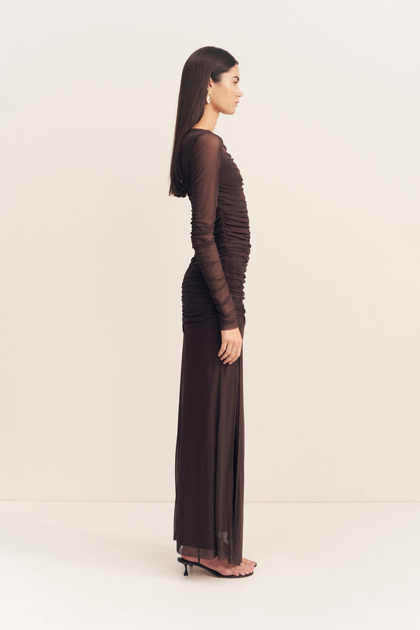 MIRA GATHERED MAXI DRESS - GANACHE_S