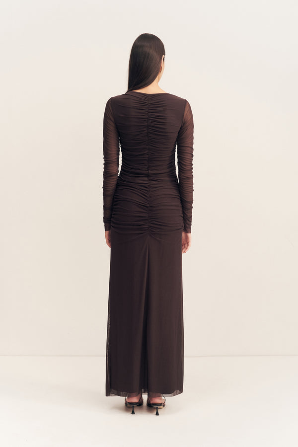 MIRA GATHERED MAXI DRESS - GANACHE_B