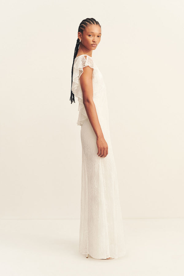 LABYRINTH SHEER LACE PANELLED MAXI DRESS - IVORY