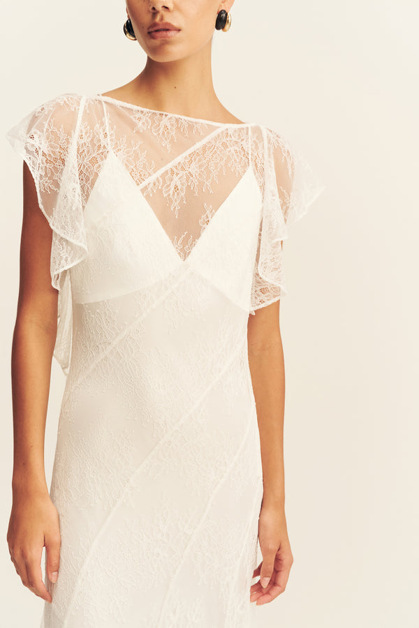 LABYRINTH SHEER LACE PANELLED MAXI DRESS - IVORY