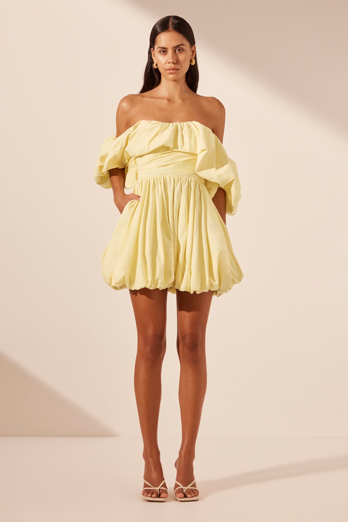 MAIORI OFF SHOULDER DRAPED BUBBLE MINI DRESS - LEMON_F