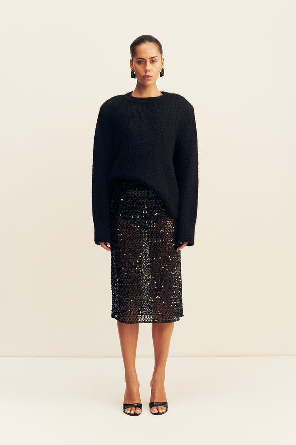 EVERLY SEQUIN MIDI SKIRT WITH DETACHABLE LINING- BLACK