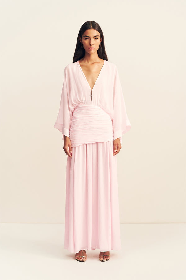 AMINA FLARED SLEEVE PLUNGED MAXI DRESS - FAIRYFLOSS