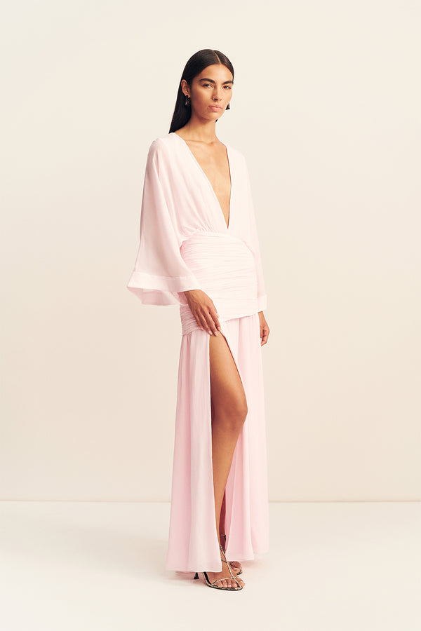AMINA FLARED SLEEVE PLUNGED MAXI DRESS - FAIRYFLOSS