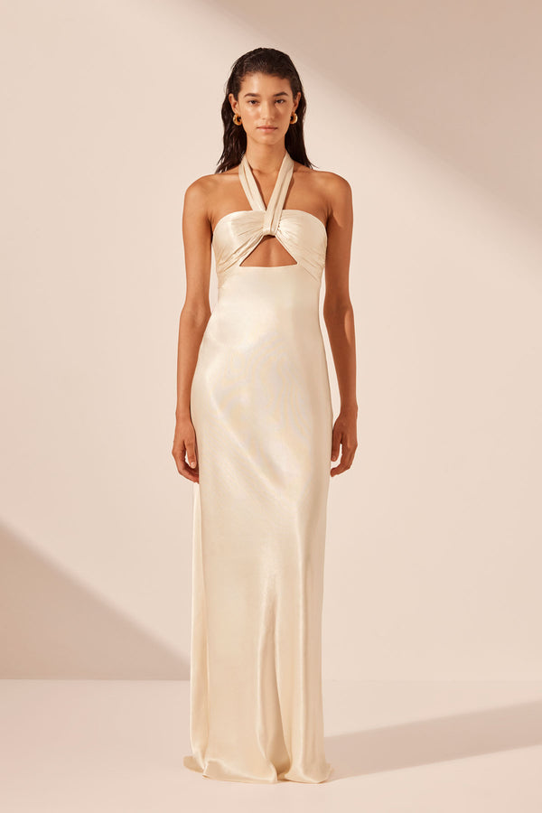 LA LUNE RUCHED HALTER MAXI DRESS - CREAM_F