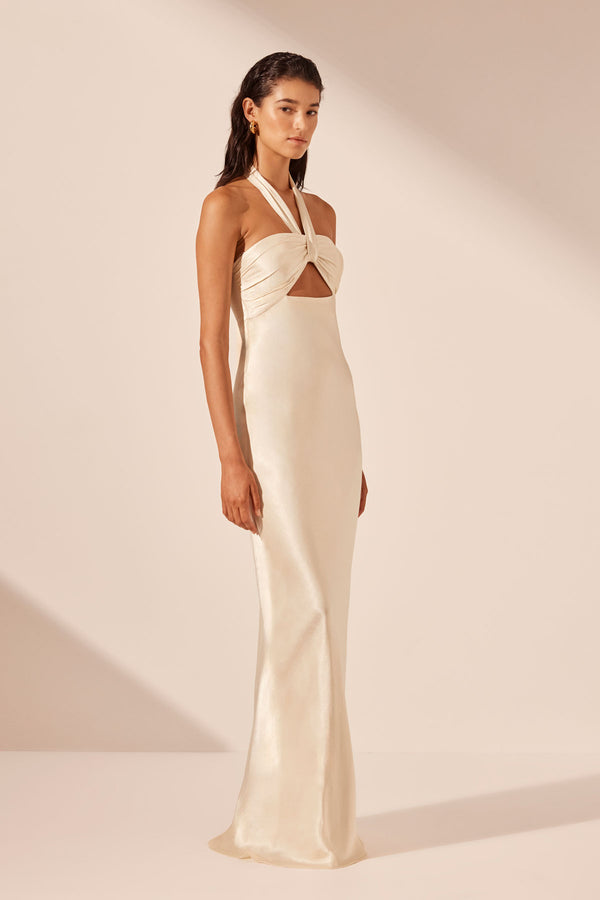 LA LUNE RUCHED HALTER MAXI DRESS - CREAM_A