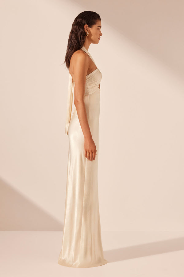 LA LUNE RUCHED HALTER MAXI DRESS - CREAM_S