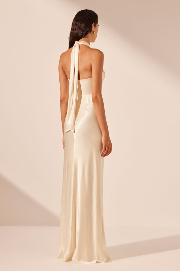LA LUNE RUCHED HALTER MAXI DRESS - CREAM_B