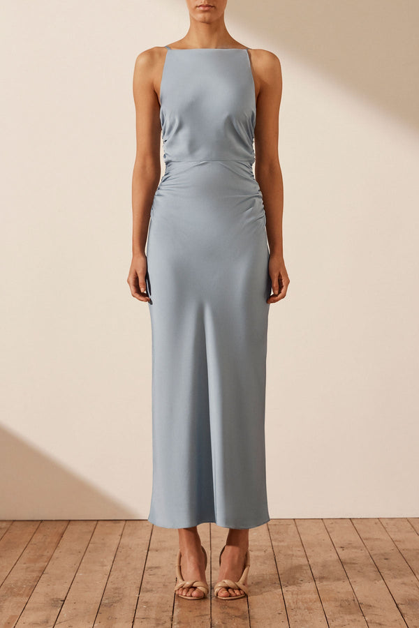 LUXE HIGH NECK RUCHED MIDI DRESS - AZURE_F