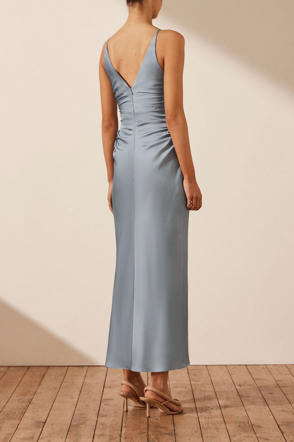 LUXE HIGH NECK RUCHED MIDI DRESS - AZURE_B