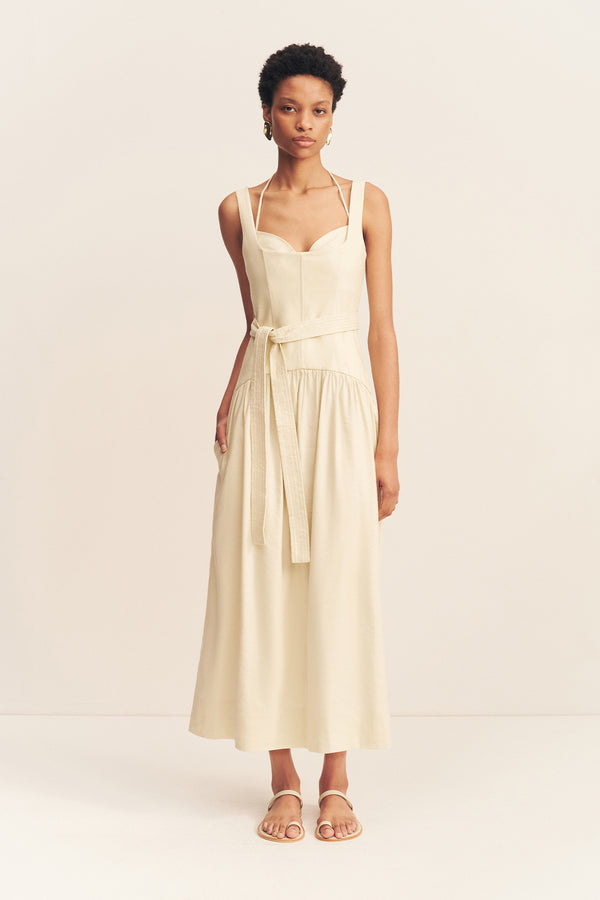 KASBAH BUSTIER GATHERED MIDI DRESS - BONE_F