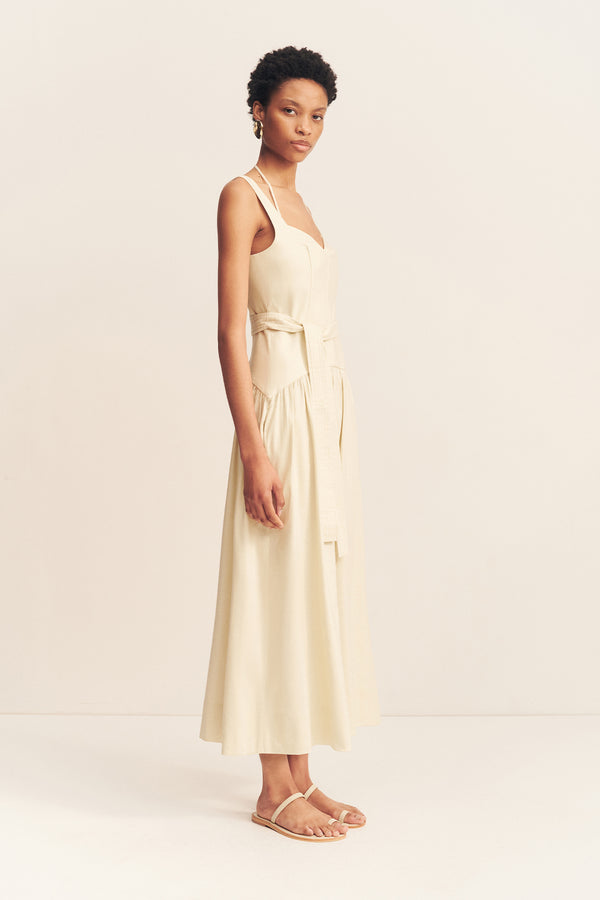 KASBAH BUSTIER GATHERED MIDI DRESS - BONE_A