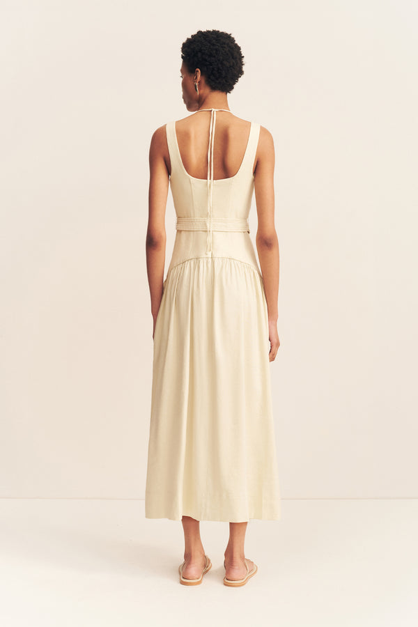 KASBAH BUSTIER GATHERED MIDI DRESS - BONE_B