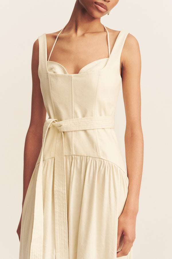KASBAH BUSTIER GATHERED MIDI DRESS - BONE_D