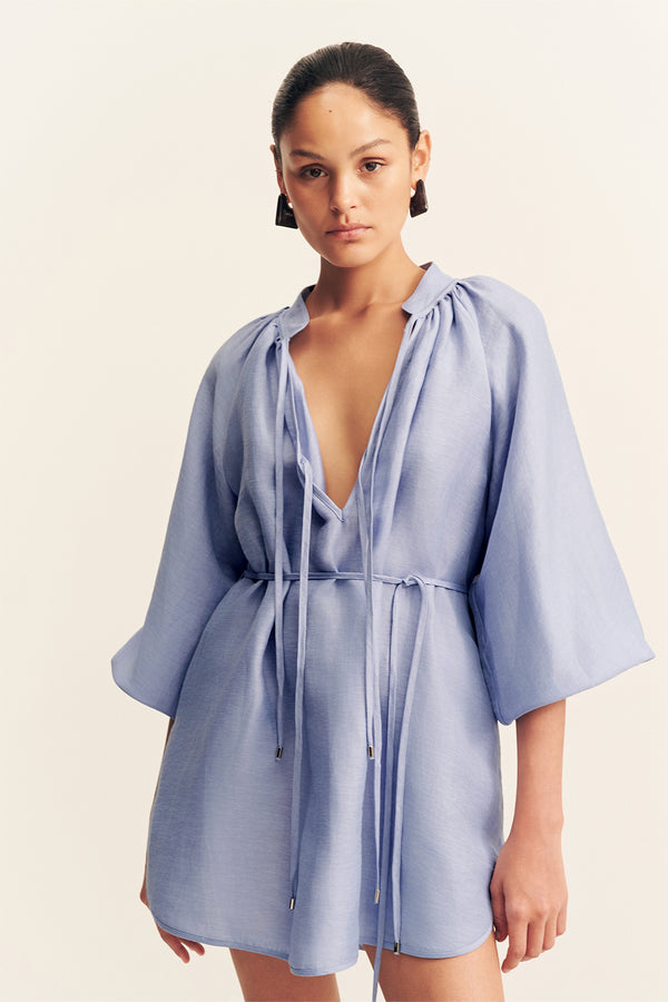 MARLOWE LINEN BLEND MINI DRESS - CHAMBRAY