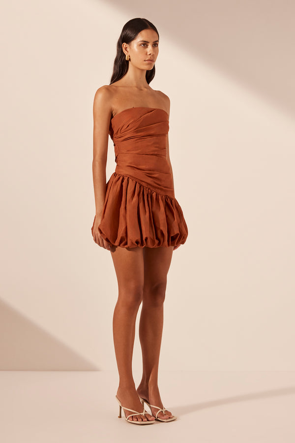 CELESTE STRAPLESS BUBBLE MINI DRESS - RUST_A