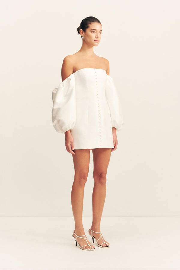 CALCITE BALLOON SLEEVE OFF SHOULDER MINI DRESS