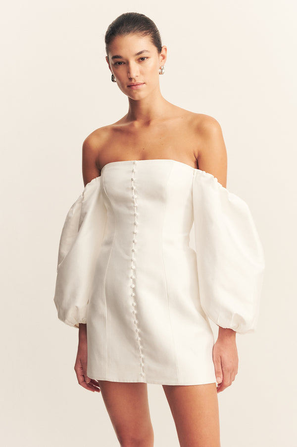 CALCITE BALLOON SLEEVE OFF SHOULDER MINI DRESS