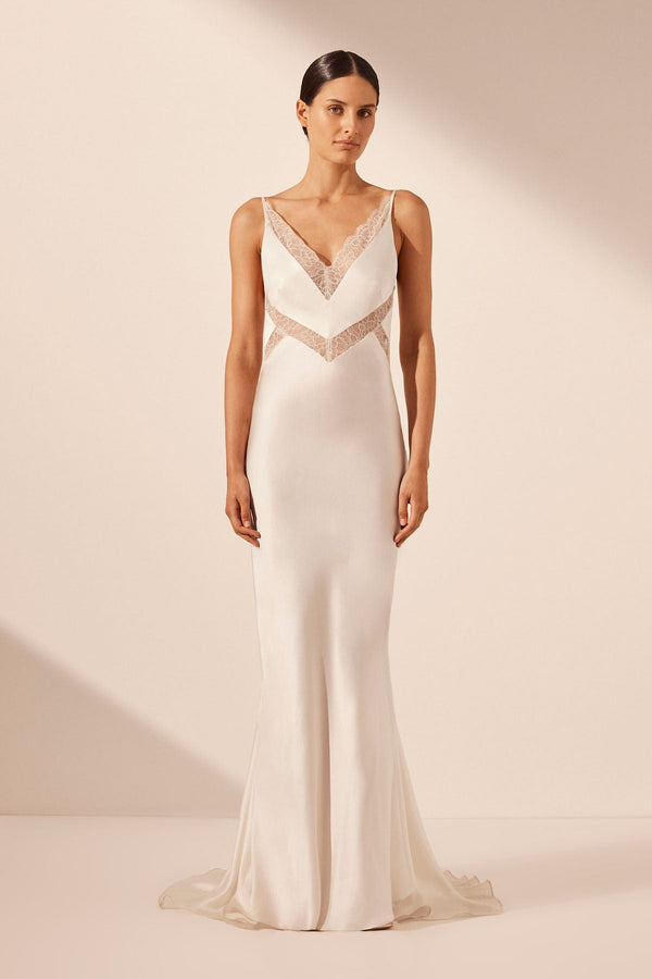 LA LUNE CUMULUS SILK PLUNGED LACE MAXI DRESS - IVORY_F