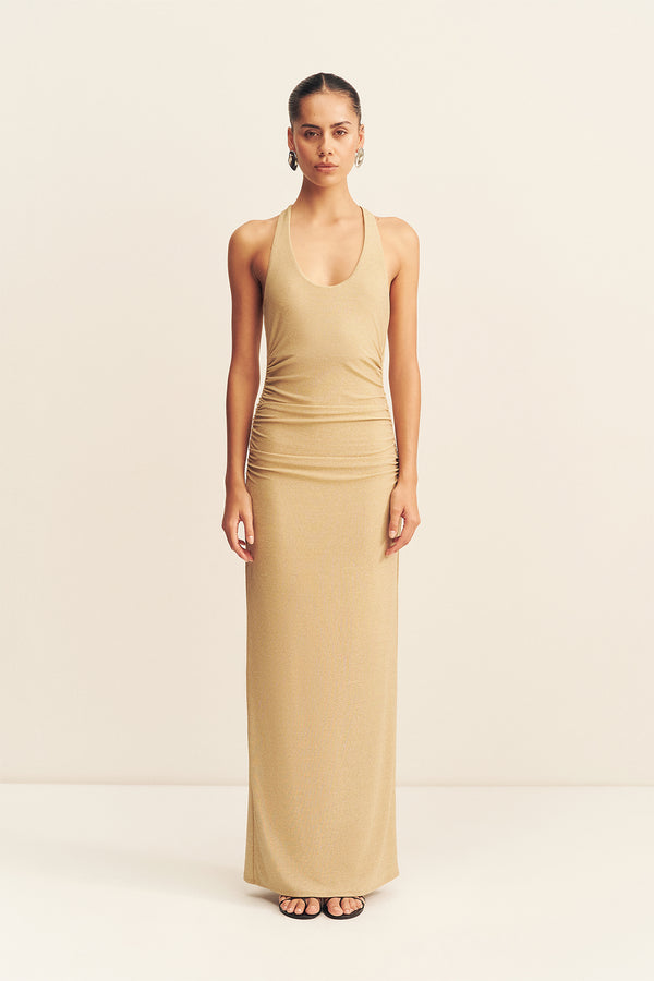 STELLAR LUREX SCOOP NECK MAXI DRESS - GOLD_F