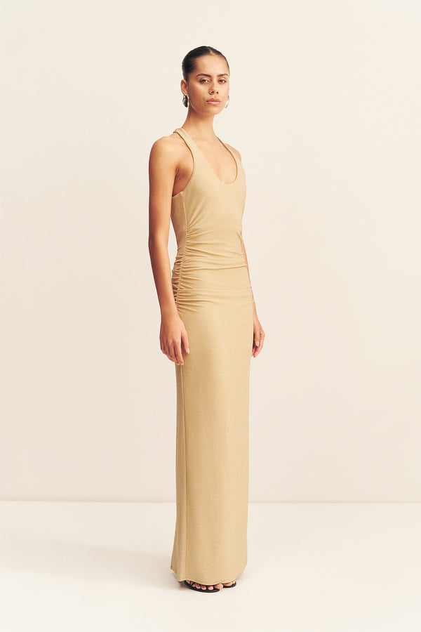 STELLAR LUREX SCOOP NECK MAXI DRESS - GOLD