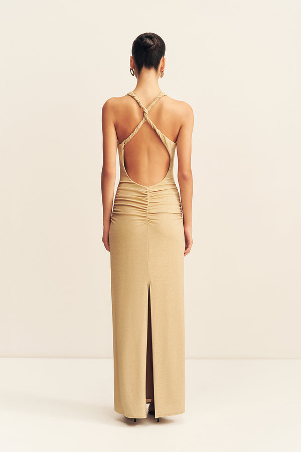 STELLAR LUREX SCOOP NECK MAXI DRESS - GOLD