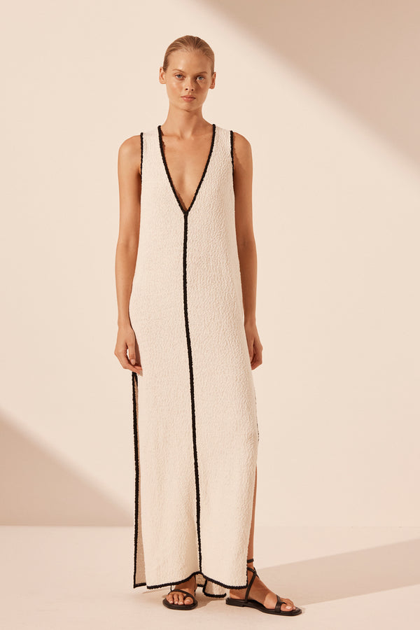 LENA PLUNGED MAXI DRESS - IVORY/BLACK_F