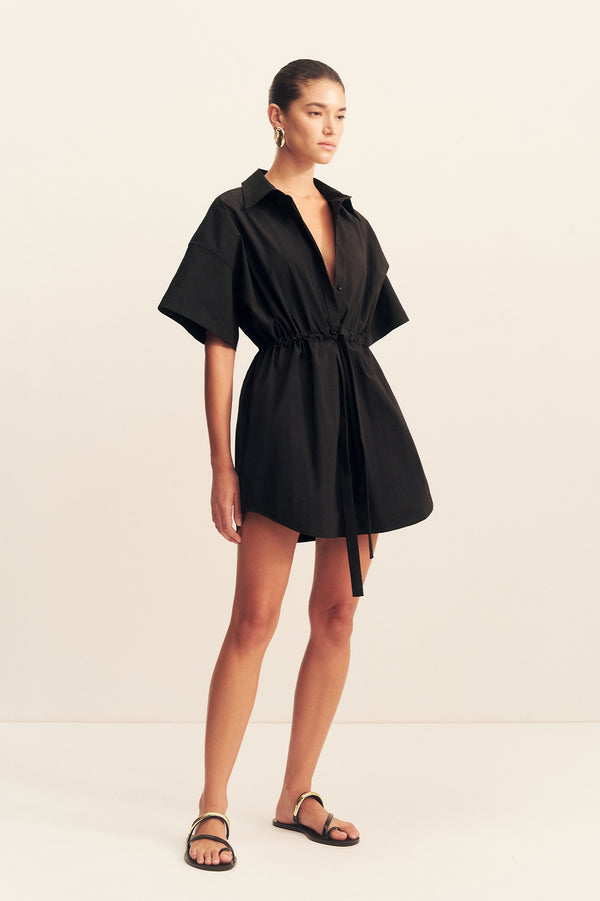 CAMPBELL SHORT SLEEVE DRAWSTRING SHIRT DRESS - BLACK