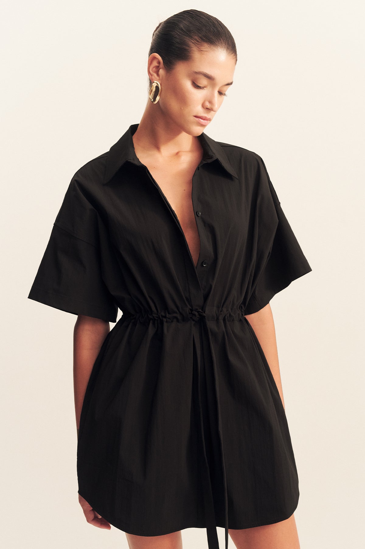 Campbell Short Sleeve Drawstring Shirt Dress | Black | Dresses