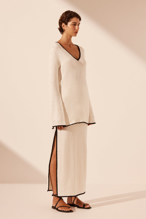 LENA PLUNGED LONG SLEEVE TOP - IVORY/BLACK_F