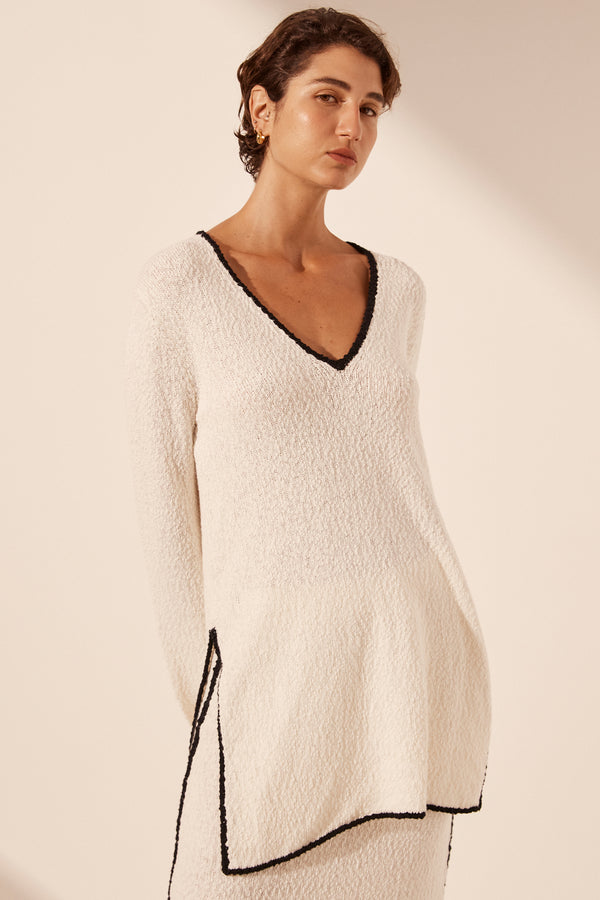 LENA PLUNGED LONG SLEEVE TOP - IVORY/BLACK_D
