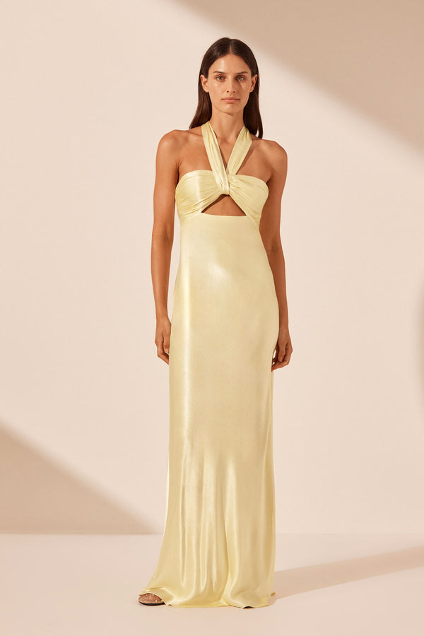 LA LUNE RUCHED HALTER MAXI DRESS - LEMON_F