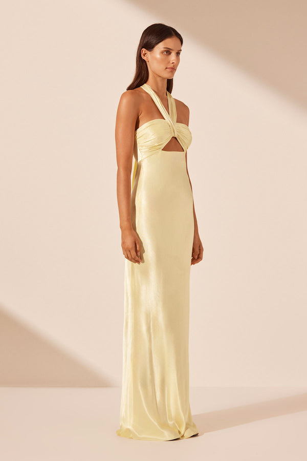 LA LUNE RUCHED HALTER MAXI DRESS - LEMON_A