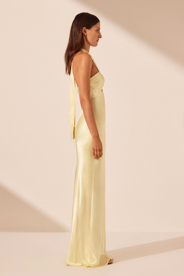 LA LUNE RUCHED HALTER MAXI DRESS - LEMON_S
