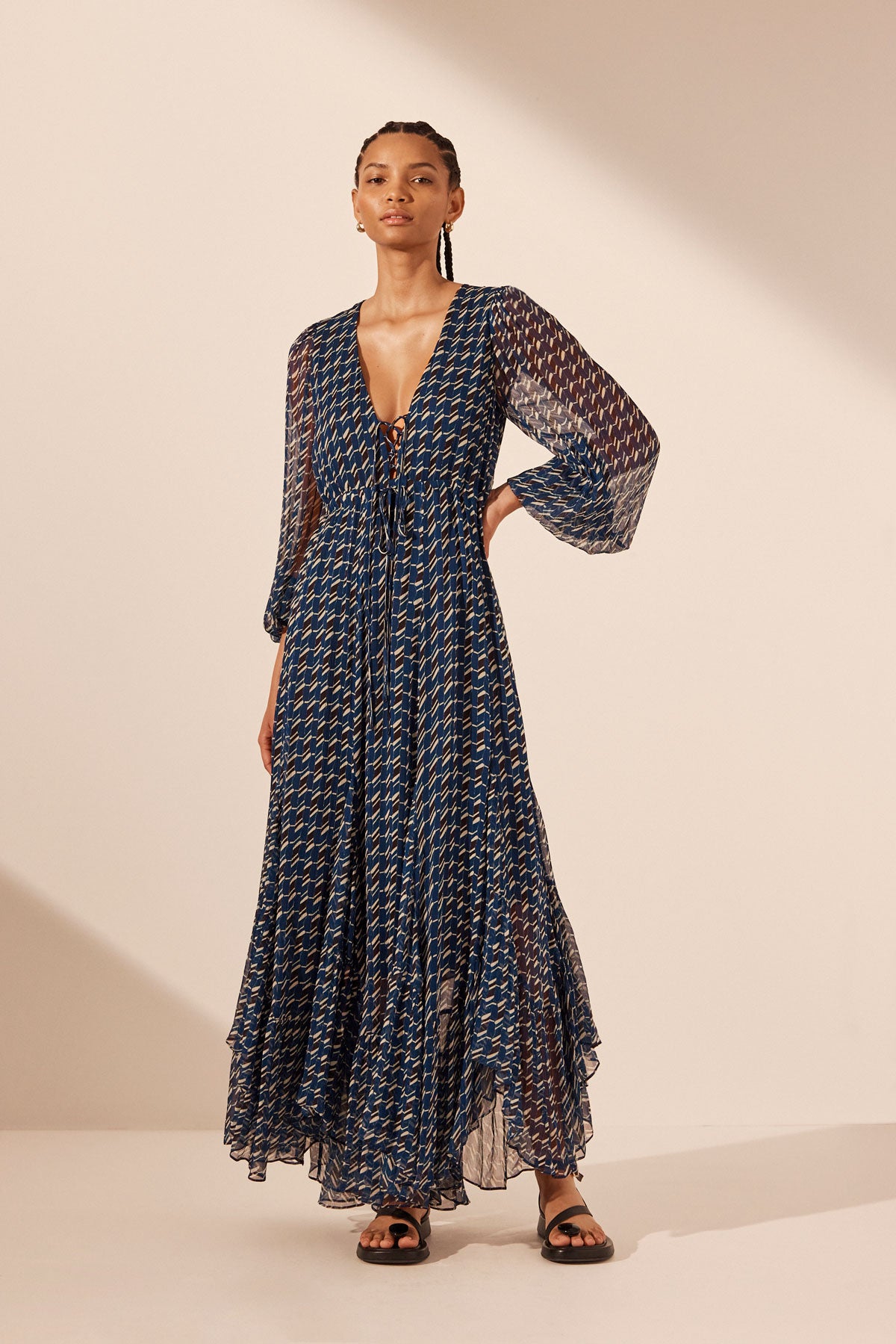 Renata Lace Front Drawstring Maxi Dress | Navy/Multi | Dresses | Shona Joy