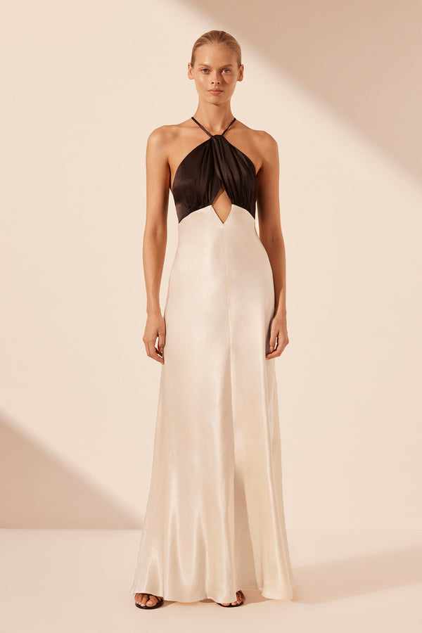 LINO CROSS BACK HALTER MAXI DRESS - CREAM/BLACK_F