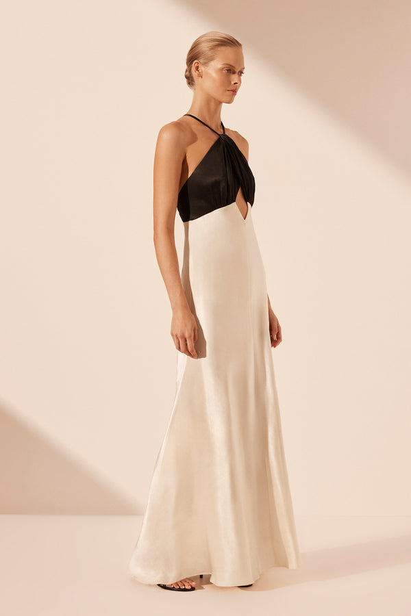 LINO CROSS BACK HALTER MAXI DRESS - CREAM/BLACK_A