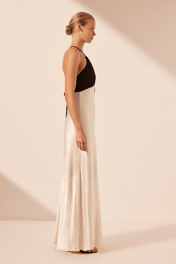 LINO CROSS BACK HALTER MAXI DRESS - CREAM/BLACK_S