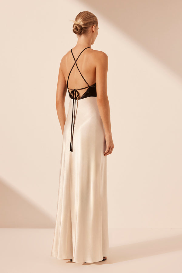 LINO CROSS BACK HALTER MAXI DRESS - CREAM/BLACK_B