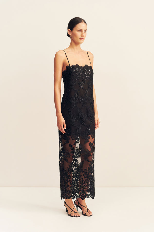 STARDUST SEQUIN LACE MAXI DRESS - BLACK