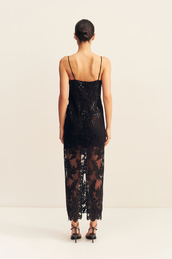 STARDUST SEQUIN LACE MAXI DRESS - BLACK