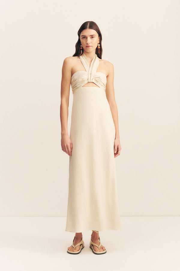 GIGI RUCHED HALTER MIDI DRESS - ECRU_F