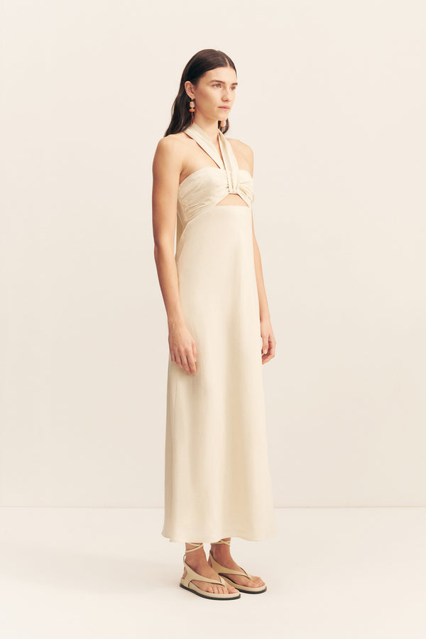 GIGI RUCHED HALTER MIDI DRESS - ECRU