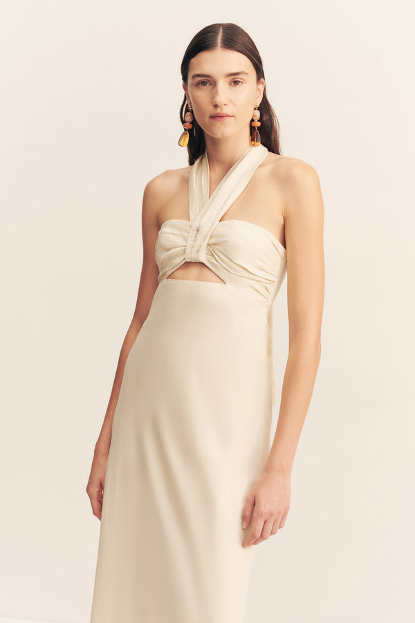 GIGI RUCHED HALTER MIDI DRESS - ECRU