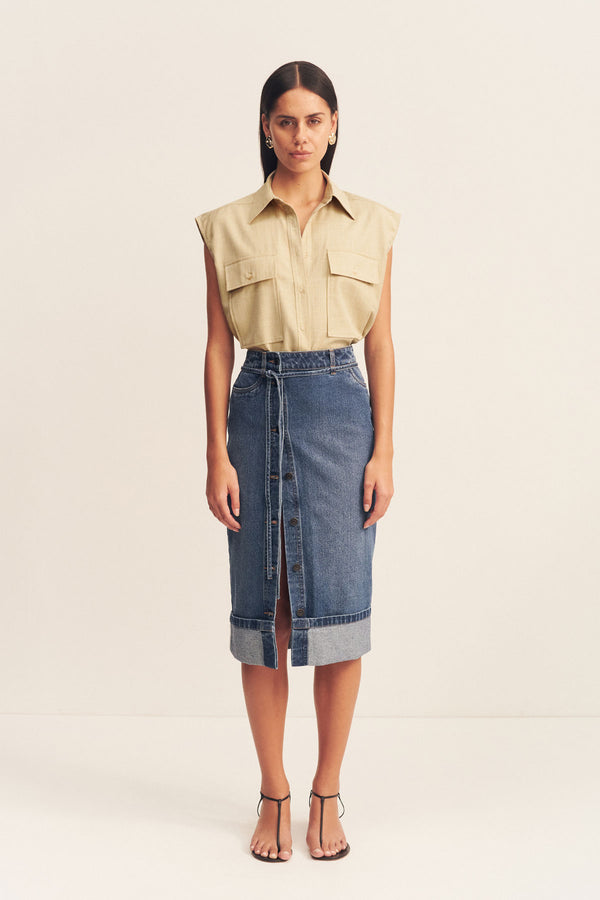 BOYD SPLIT FRONT PENCIL MIDI SKIRT - VINTAGE BLUE_F