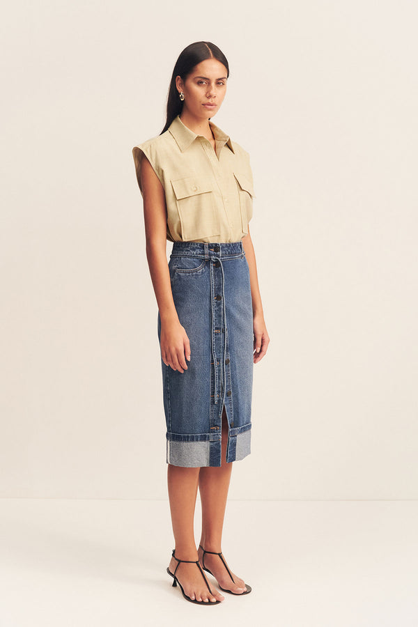 BOYD SPLIT FRONT PENCIL MIDI SKIRT - VINTAGE BLUE_A