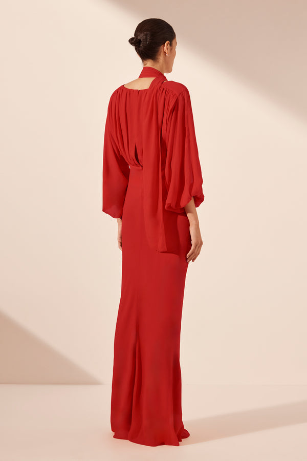 AMINA PLUNGE BALLOON SLEEVE MAXI DRESS - CHILLI_B