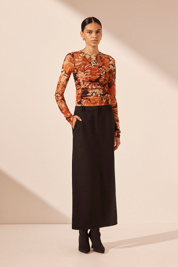 RUBI LONG SLEEVE ROUND NECK RUCHED TOP_F