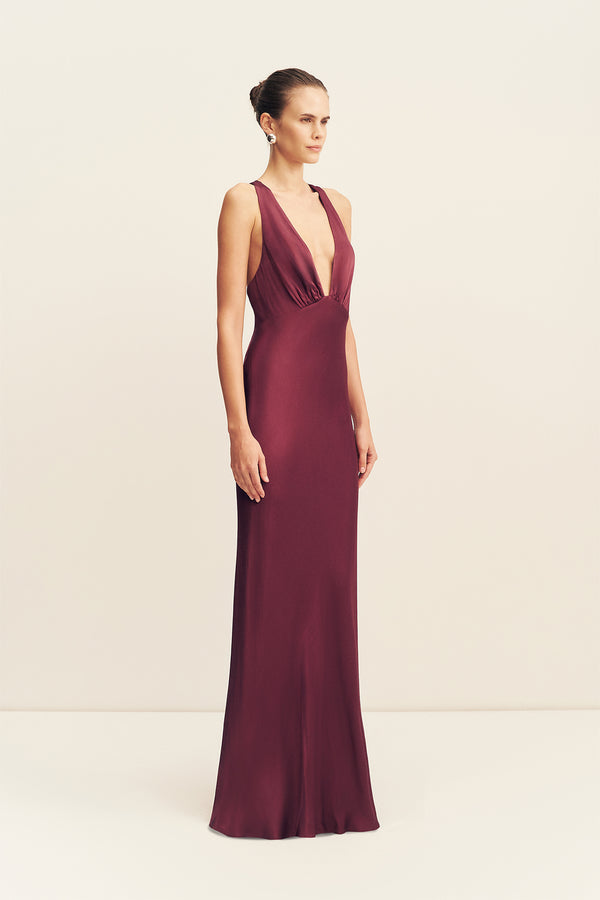 LA LUNE PLUNGED CROSS BACK MAXI DRESS - SHIRAZ